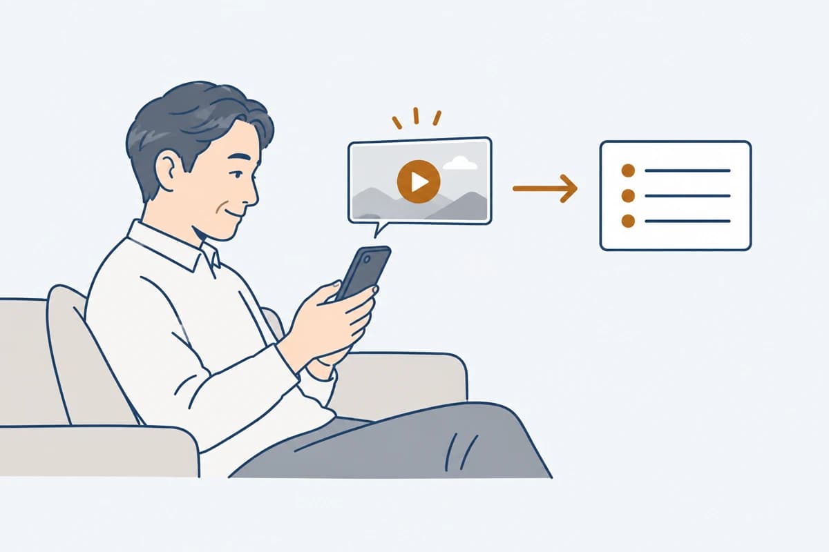スマホで動画を見ると、3行のメモができあがる絵