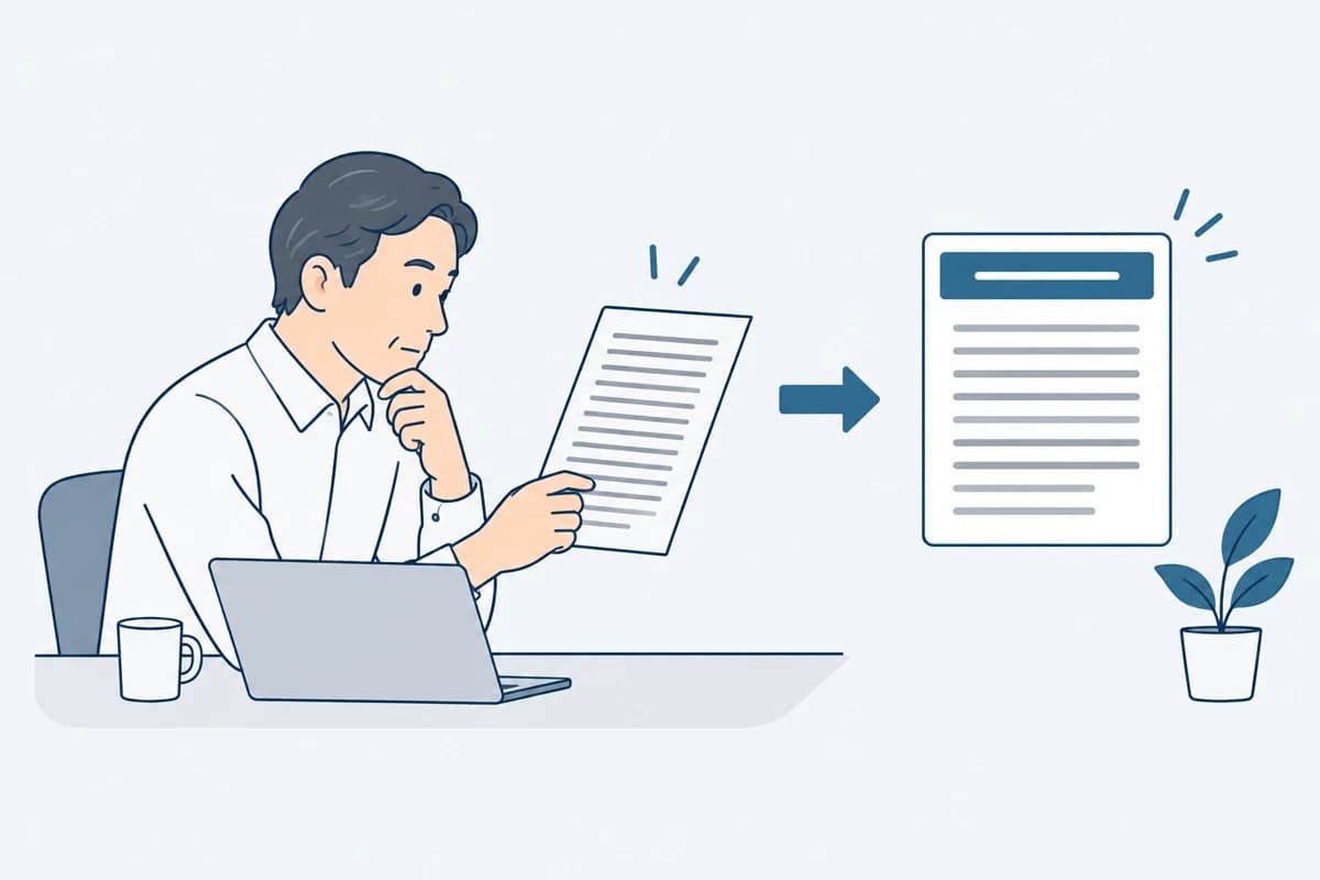 外国語の書類を読む人と、訳された書類カードの絵